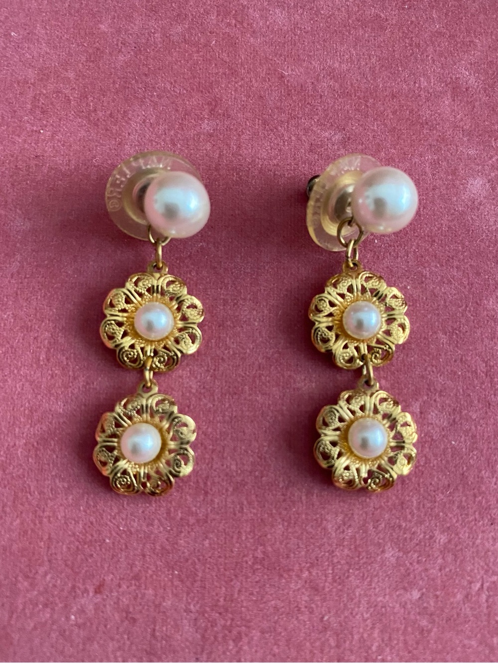 Vintage Gold Pearl Drop Earrings - Double Floral Dangle